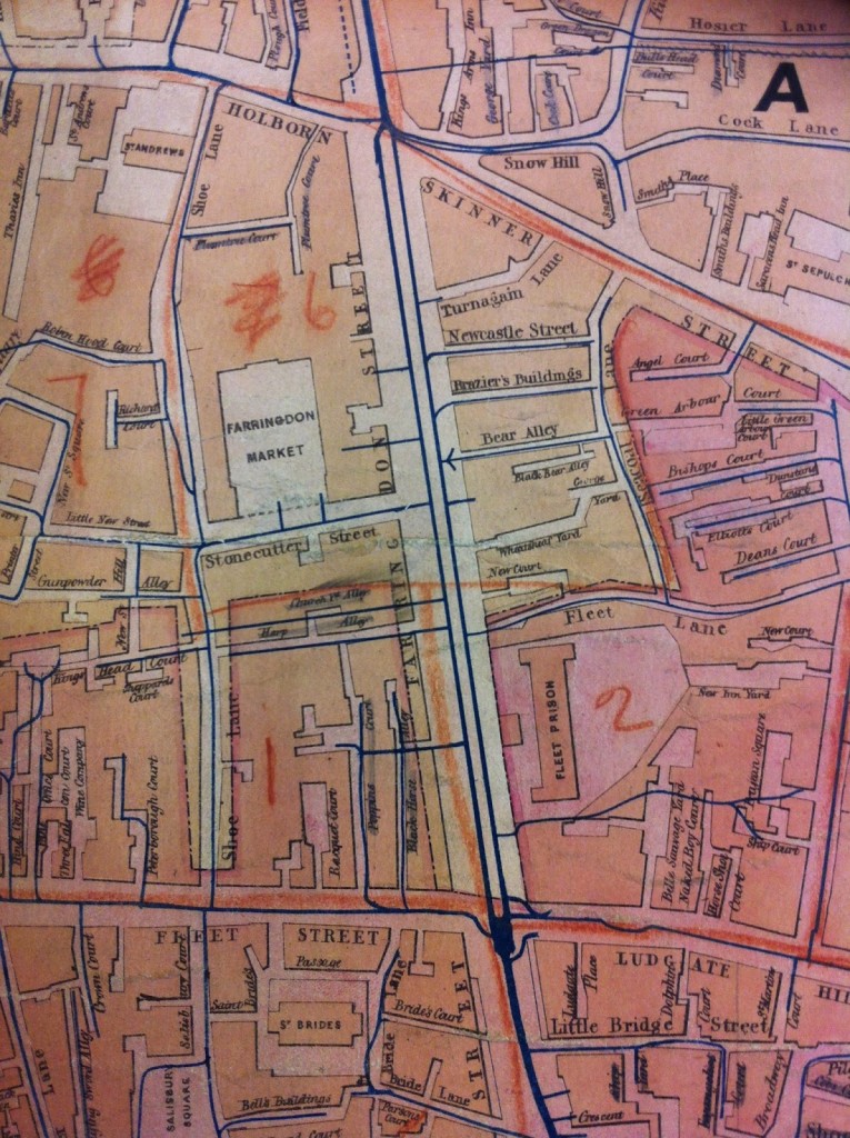 A part map of the River Fleet sewer system, London (unsure of the date but before 1846 when the Fleet Prison wsa closed).